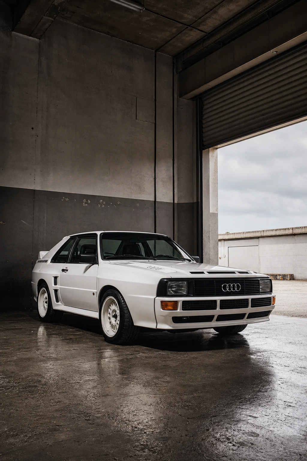 White Audi Sport quattro (B2) in a concrete motorsport workshop