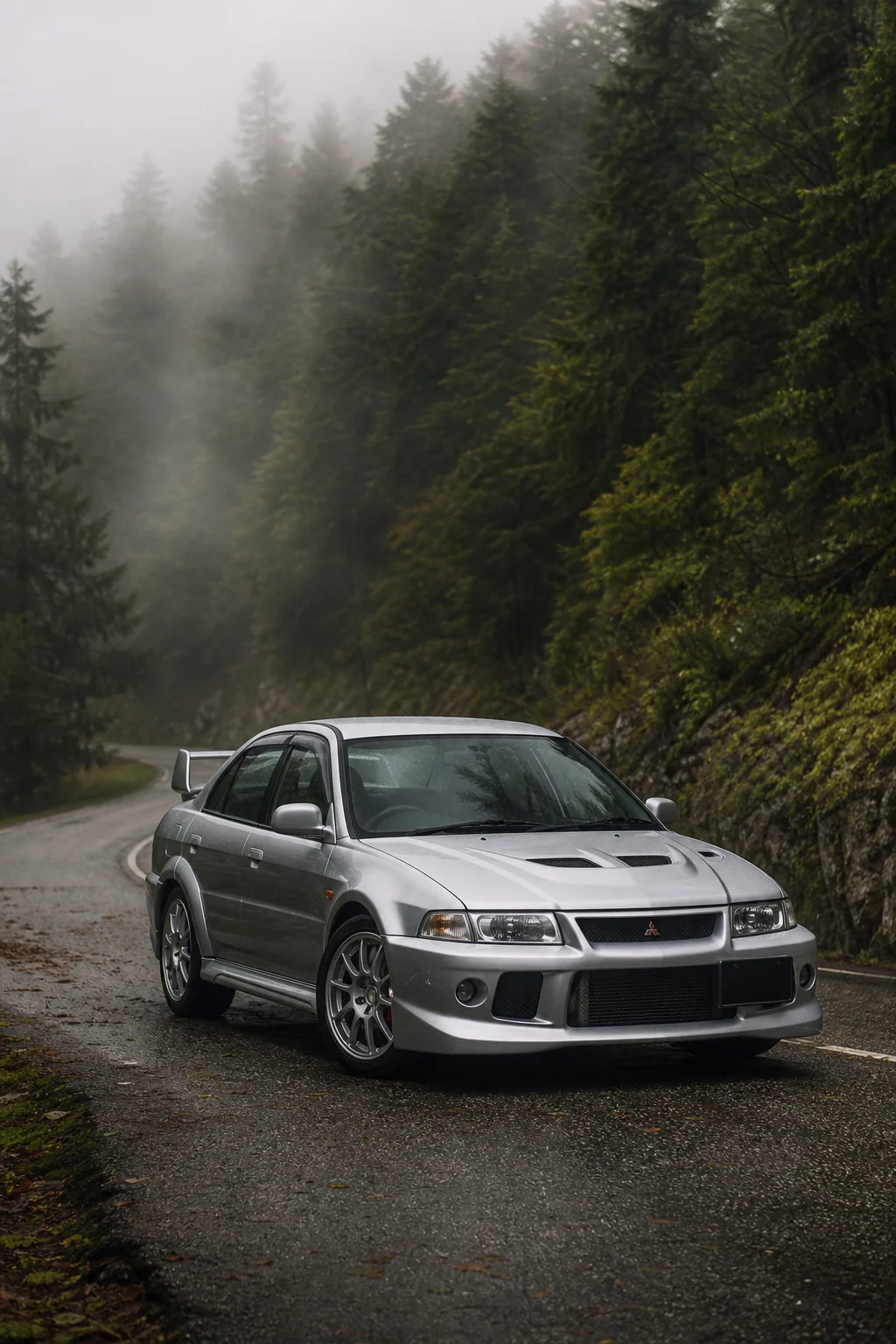 Silver Mitsubishi Lancer Evolution VI on a misty forest road