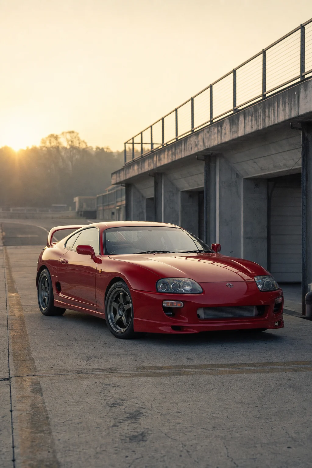 Red Toyota Supra (A80) photographed at dawn in a concrete pit lane