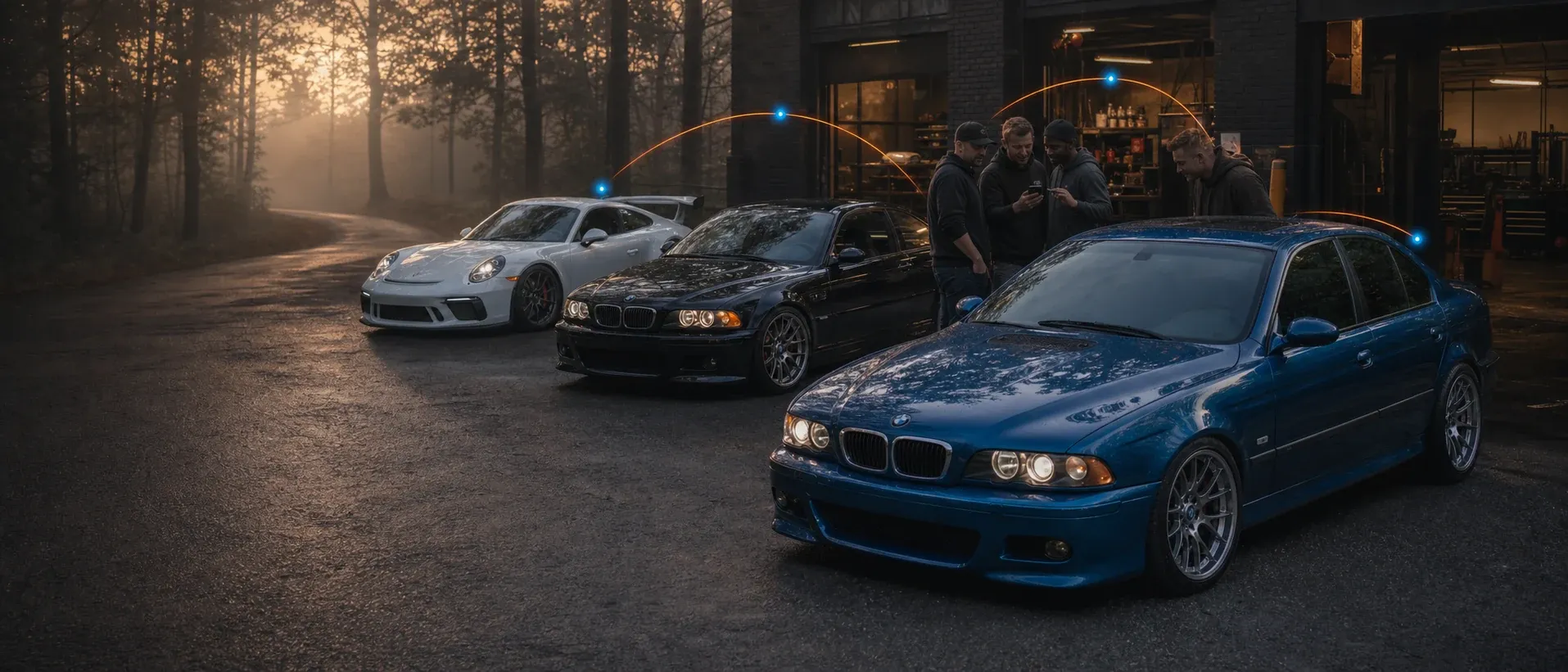 Enthusiasts comparing documented cars outside a workshop