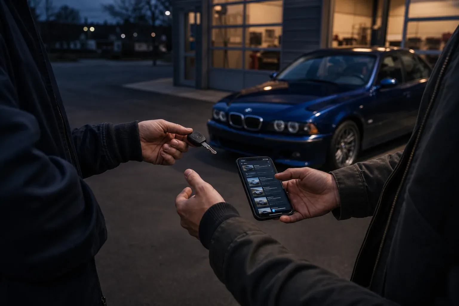 Two owners reviewing a vehicle record while handing over the keys