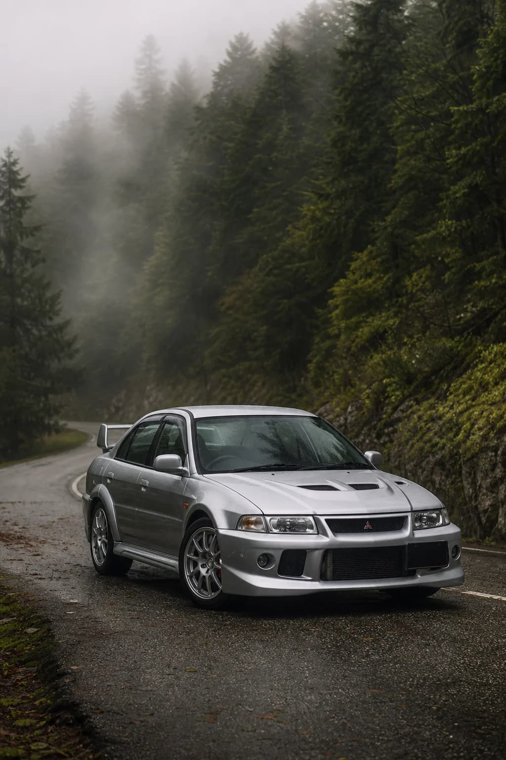 Silver Mitsubishi Lancer Evolution VI on a misty forest road