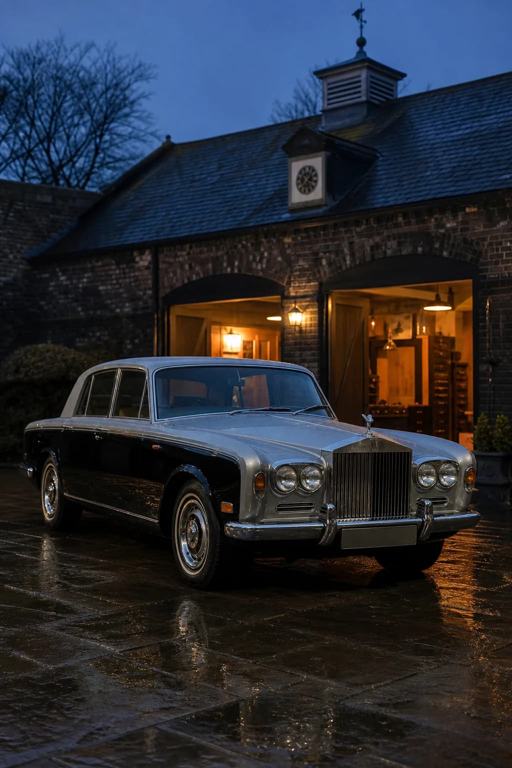 Black and silver Rolls-Royce Silver Shadow I outside a carriage garage at blue hour