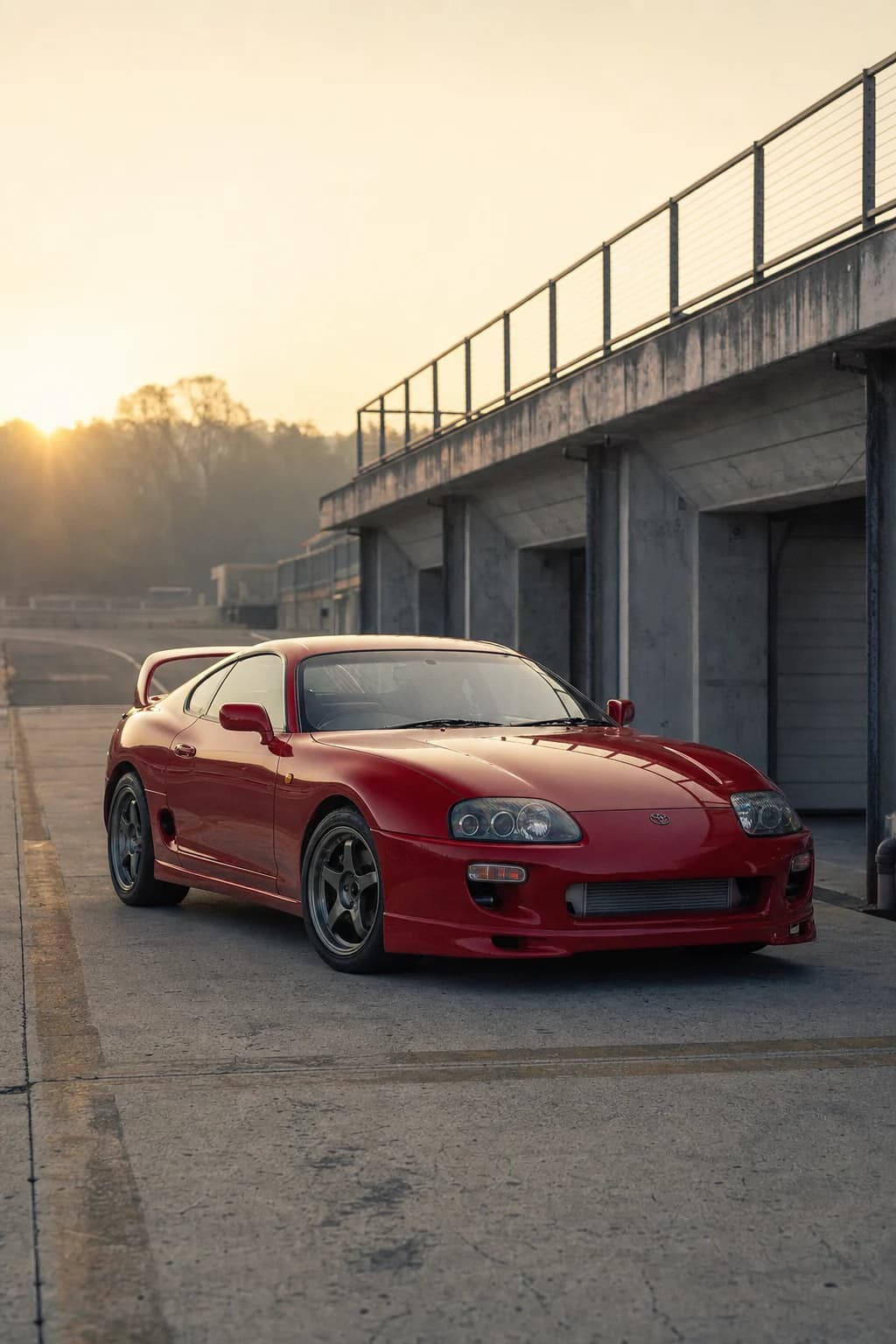 Red Toyota Supra (A80) photographed at dawn in a concrete pit lane
