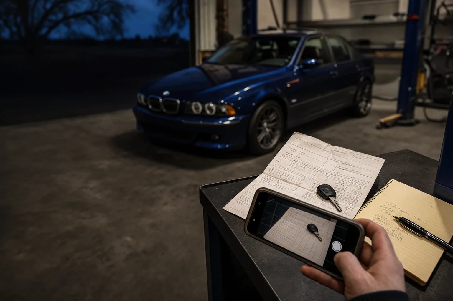 An owner photographing a service invoice beside their vehicle