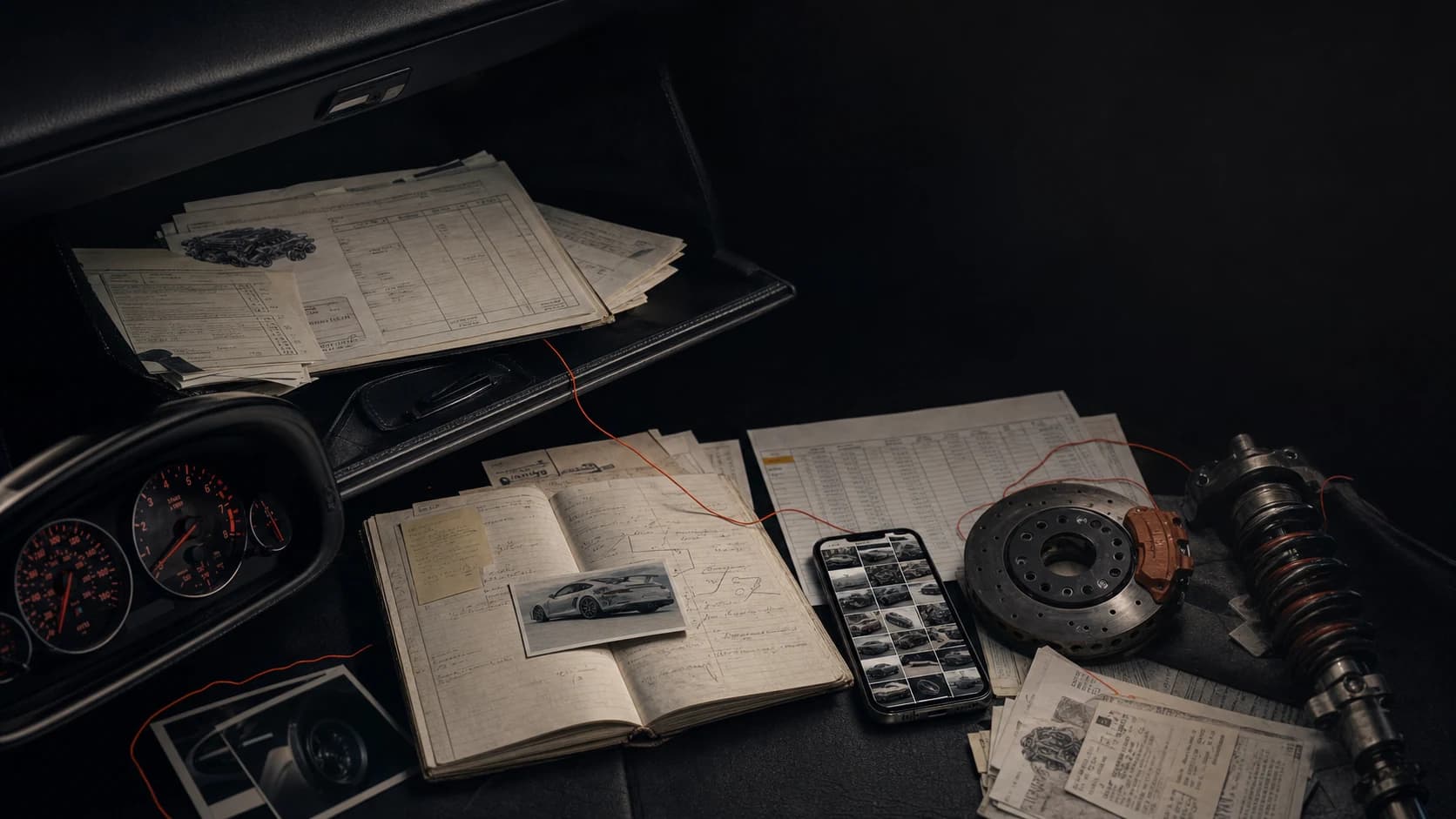 Vehicle records scattered across paper, a notebook, photographs and a phone