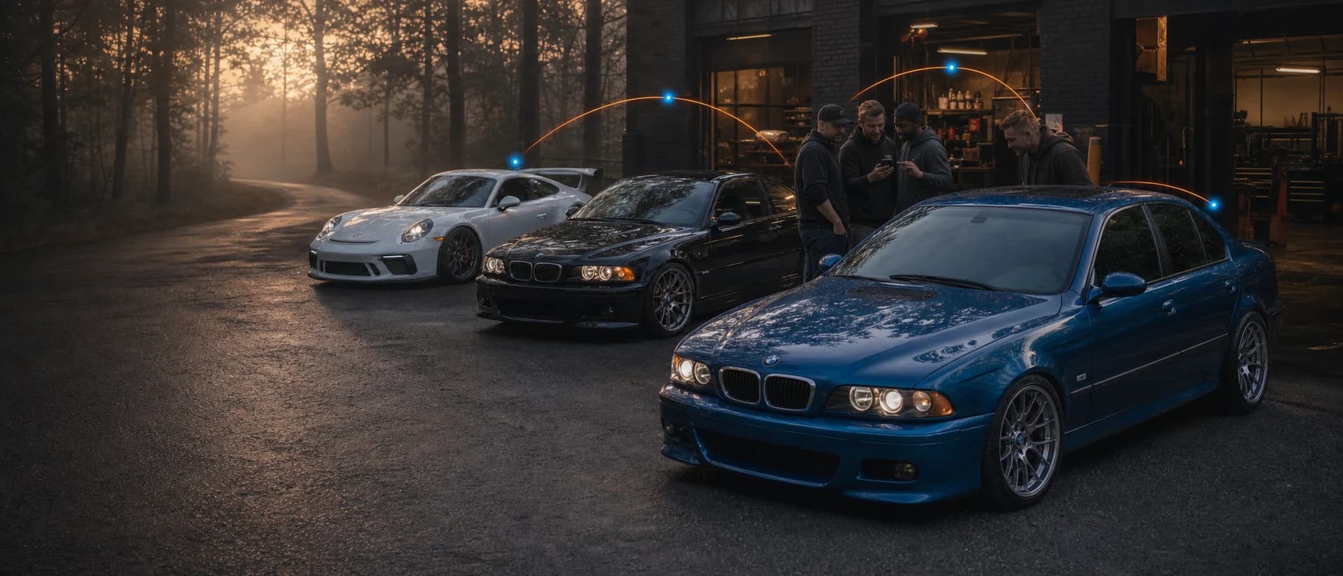 Enthusiasts comparing documented cars outside a workshop