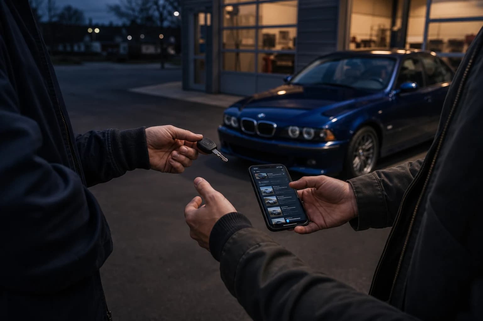 Two owners reviewing a vehicle record while handing over the keys